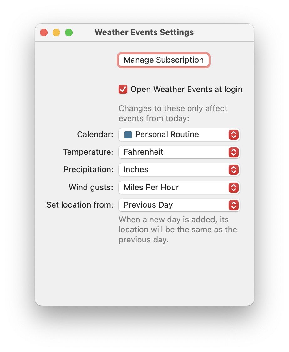 Settings window