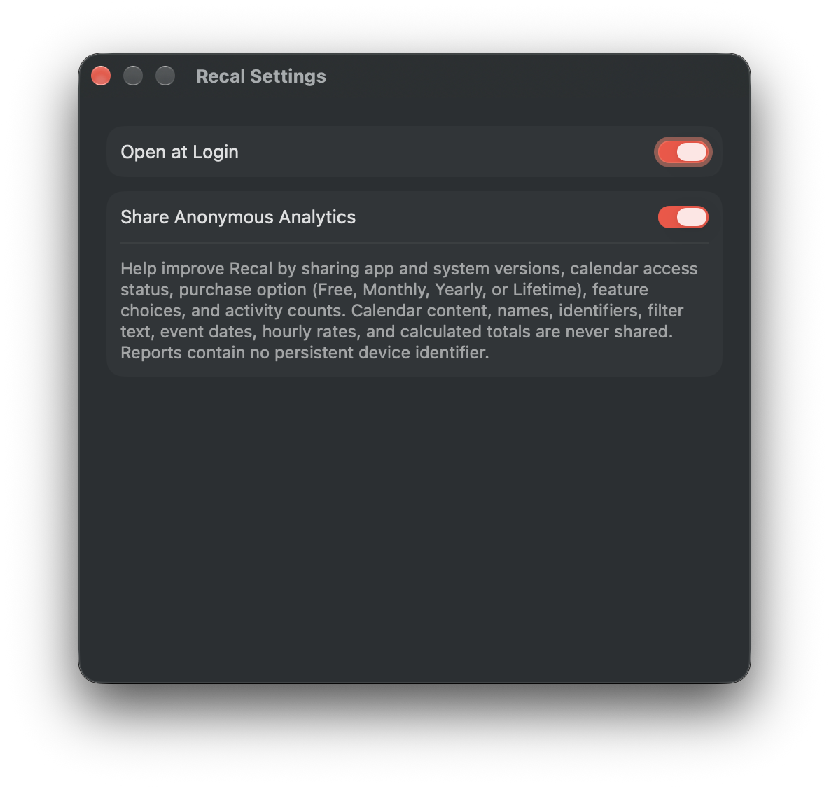 Settings window