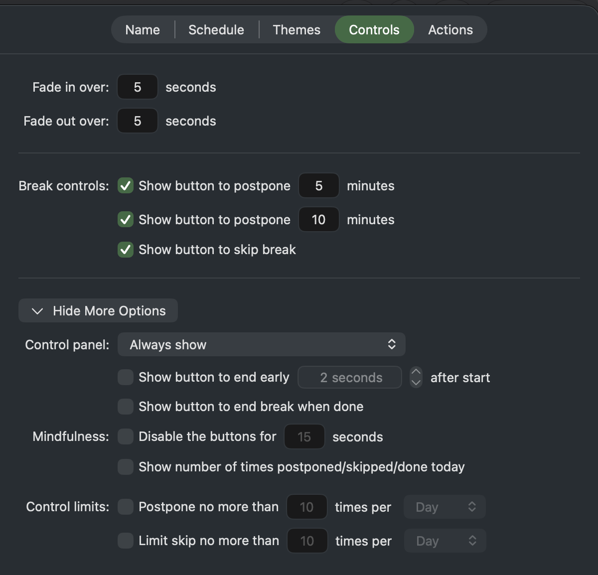 Controls page expanded