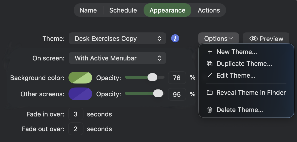 Options menu