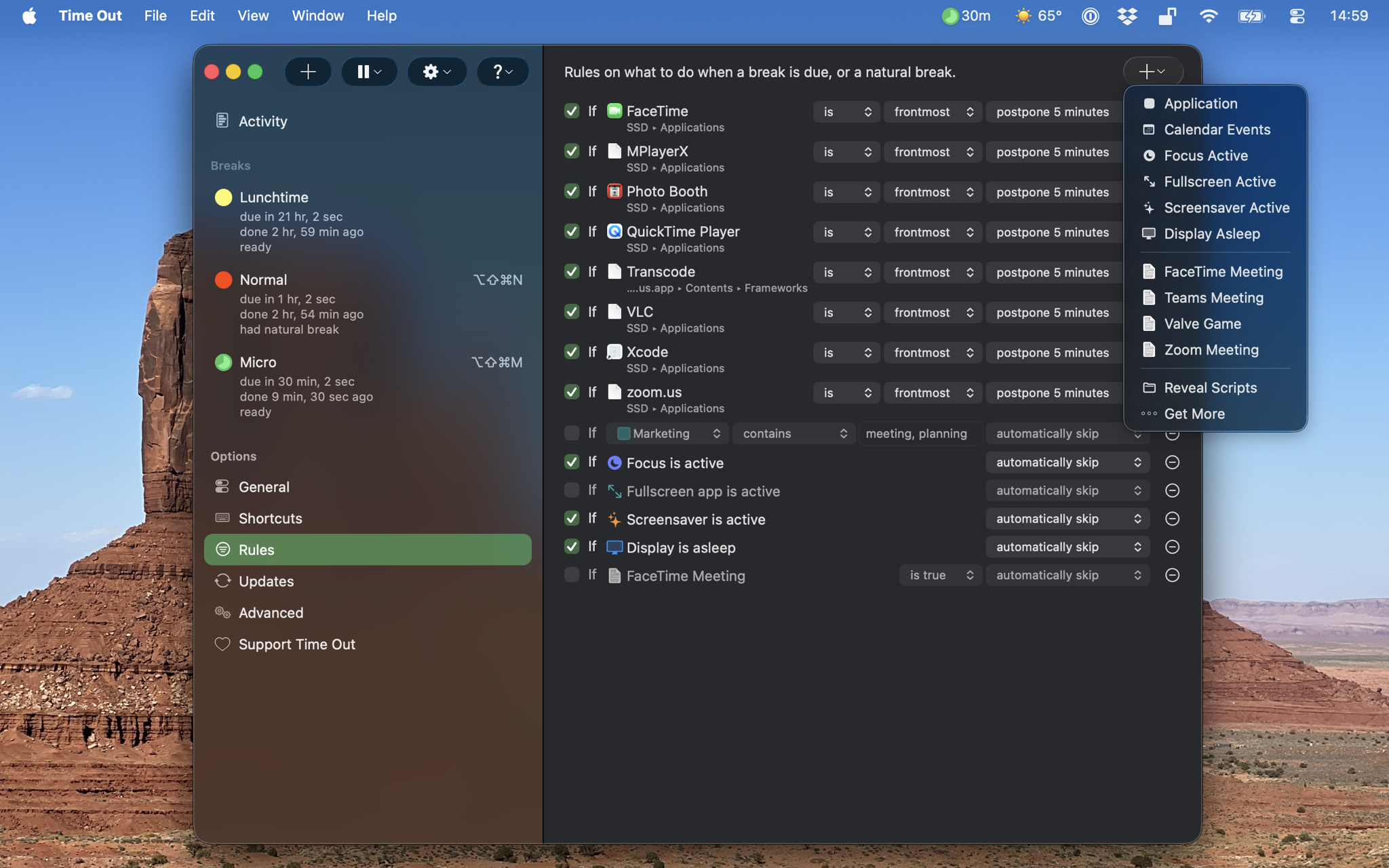 Rules view showing Add menu