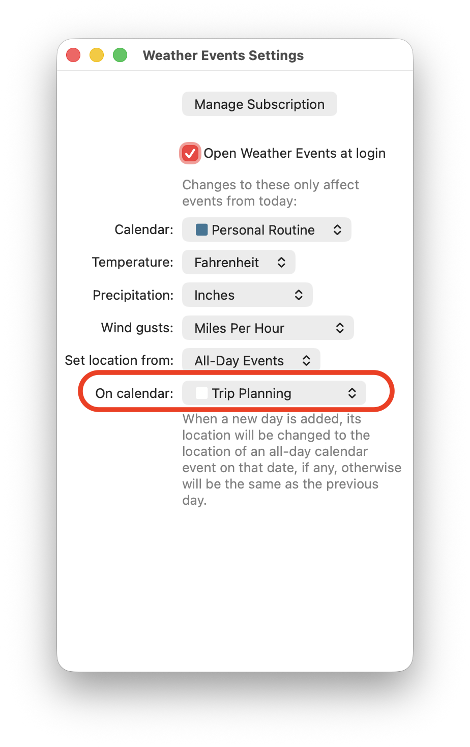 Settings window