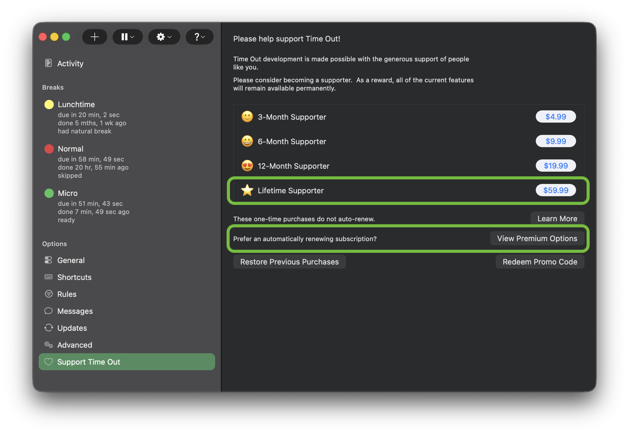 Lifetime and subscription options